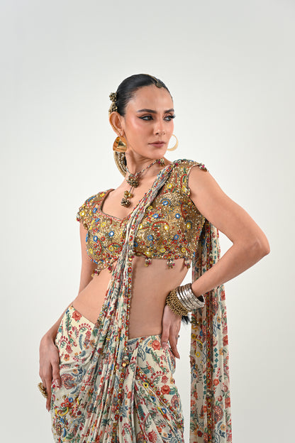 IB PRE STITCHED SAREE PAIRED WITH EMBROIDERED BLOUSE