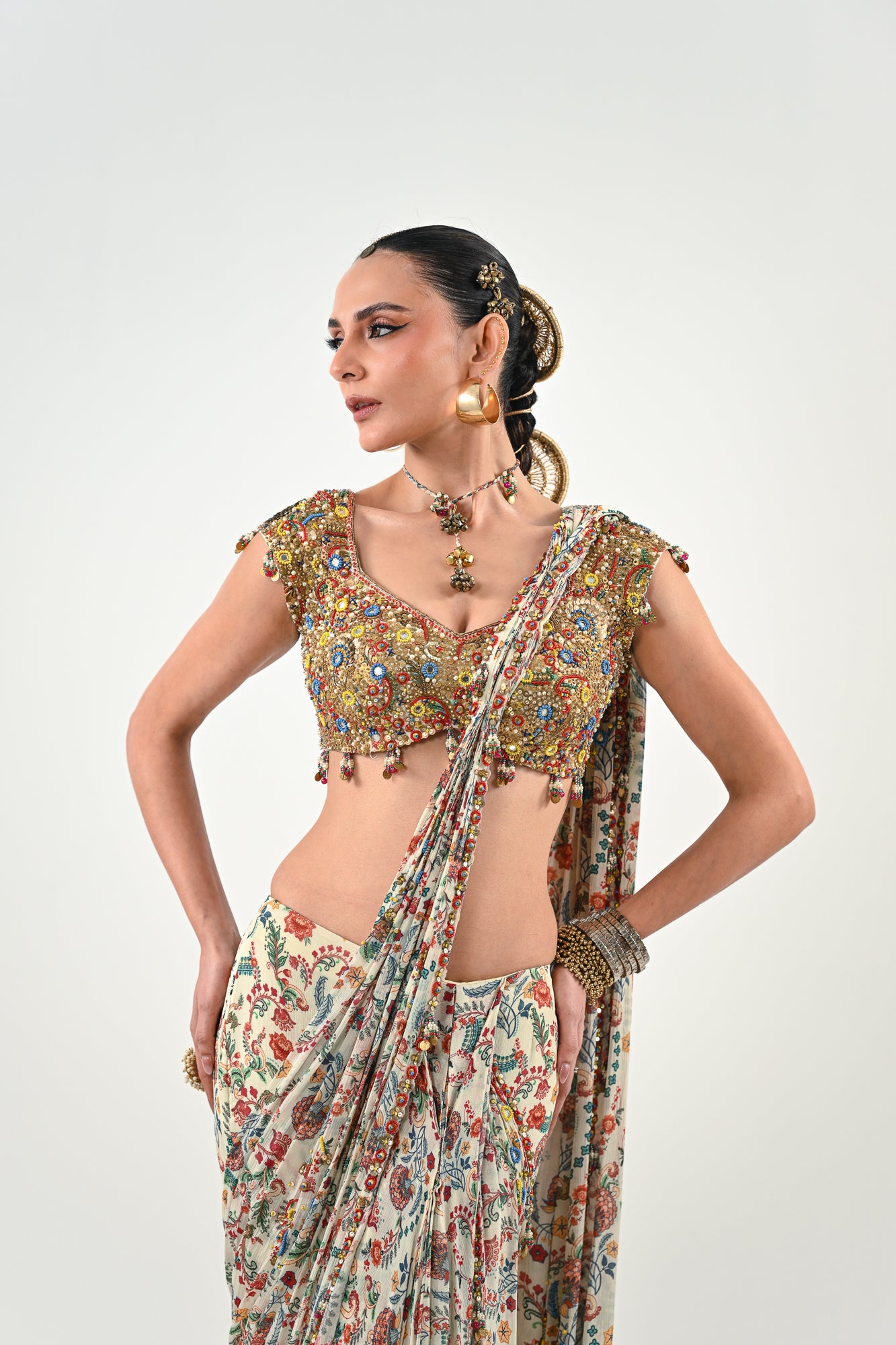 IB PRE STITCHED SAREE PAIRED WITH EMBROIDERED BLOUSE