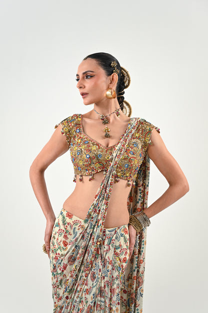 IB PRE STITCHED SAREE PAIRED WITH EMBROIDERED BLOUSE