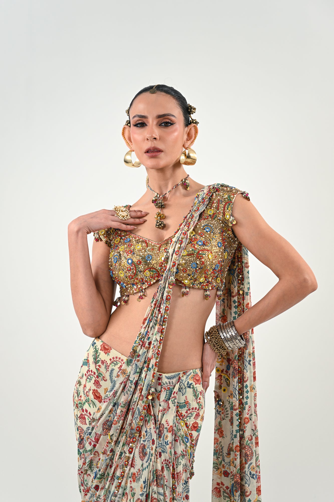 IB PRE STITCHED SAREE PAIRED WITH EMBROIDERED BLOUSE