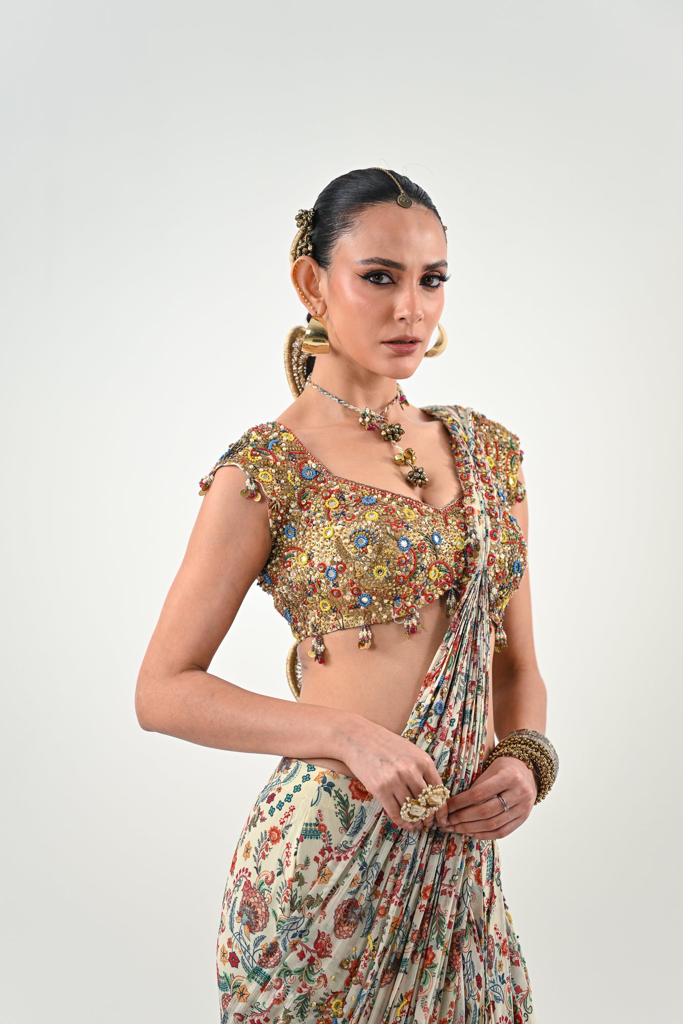 IB PRE STITCHED SAREE PAIRED WITH EMBROIDERED BLOUSE