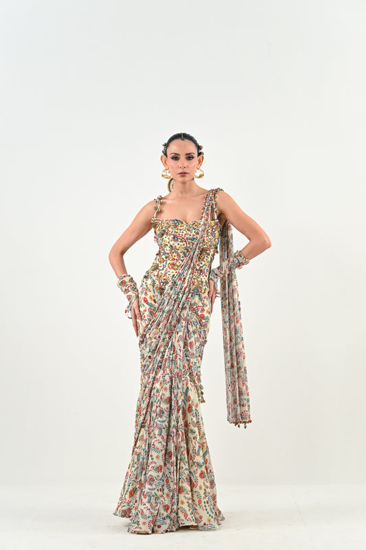 IB PRE STITCHED SAREE PAIRED WITH CORSET BLOUSE