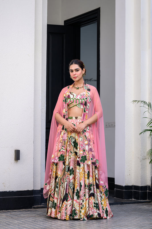FLORA METALLIC HIGHLIGHT LEHENGA PAIRED WITH METALLIC HIGHLIGHT BLOUSE AND APPLIQUE DUPATTA