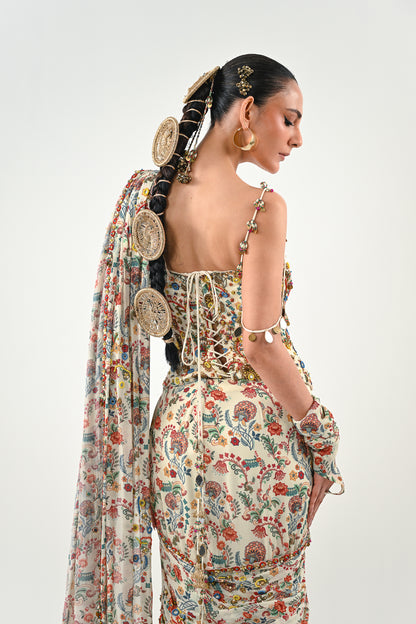 IB PRE STITCHED SAREE PAIRED WITH CORSET BLOUSE