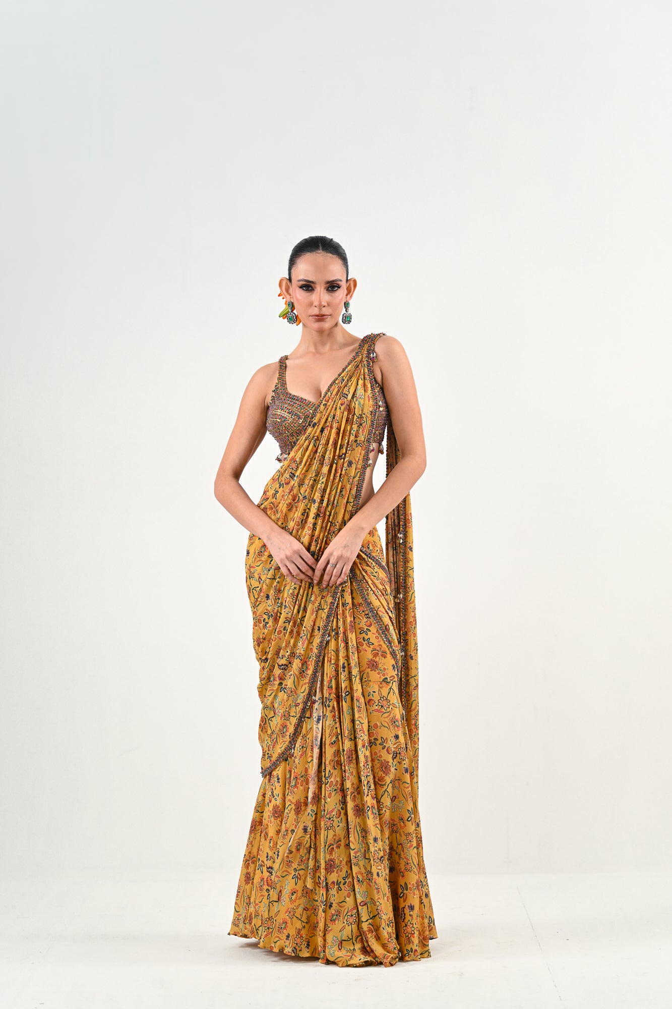 M PRE STITCHED SAREE PAIRED WITH EMBROIDERED BLOUSE