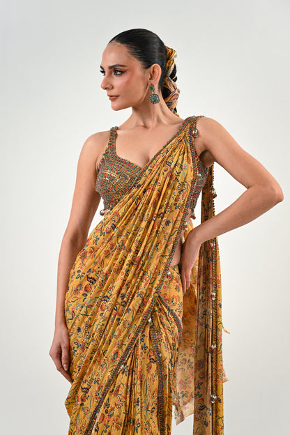 M PRE STITCHED SAREE PAIRED WITH EMBROIDERED BLOUSE