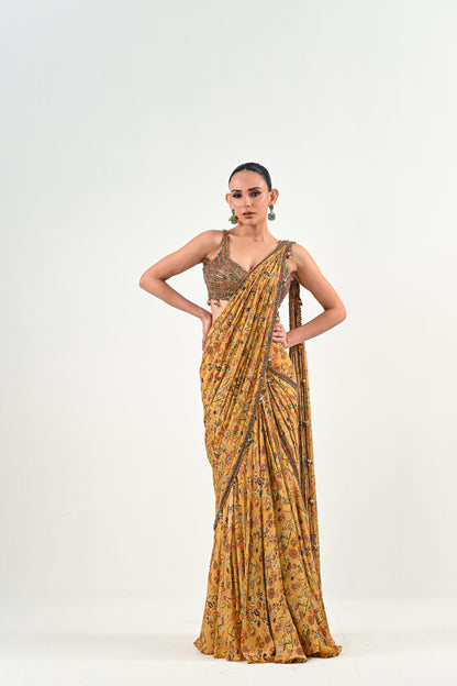 M PRE STITCHED SAREE PAIRED WITH EMBROIDERED BLOUSE