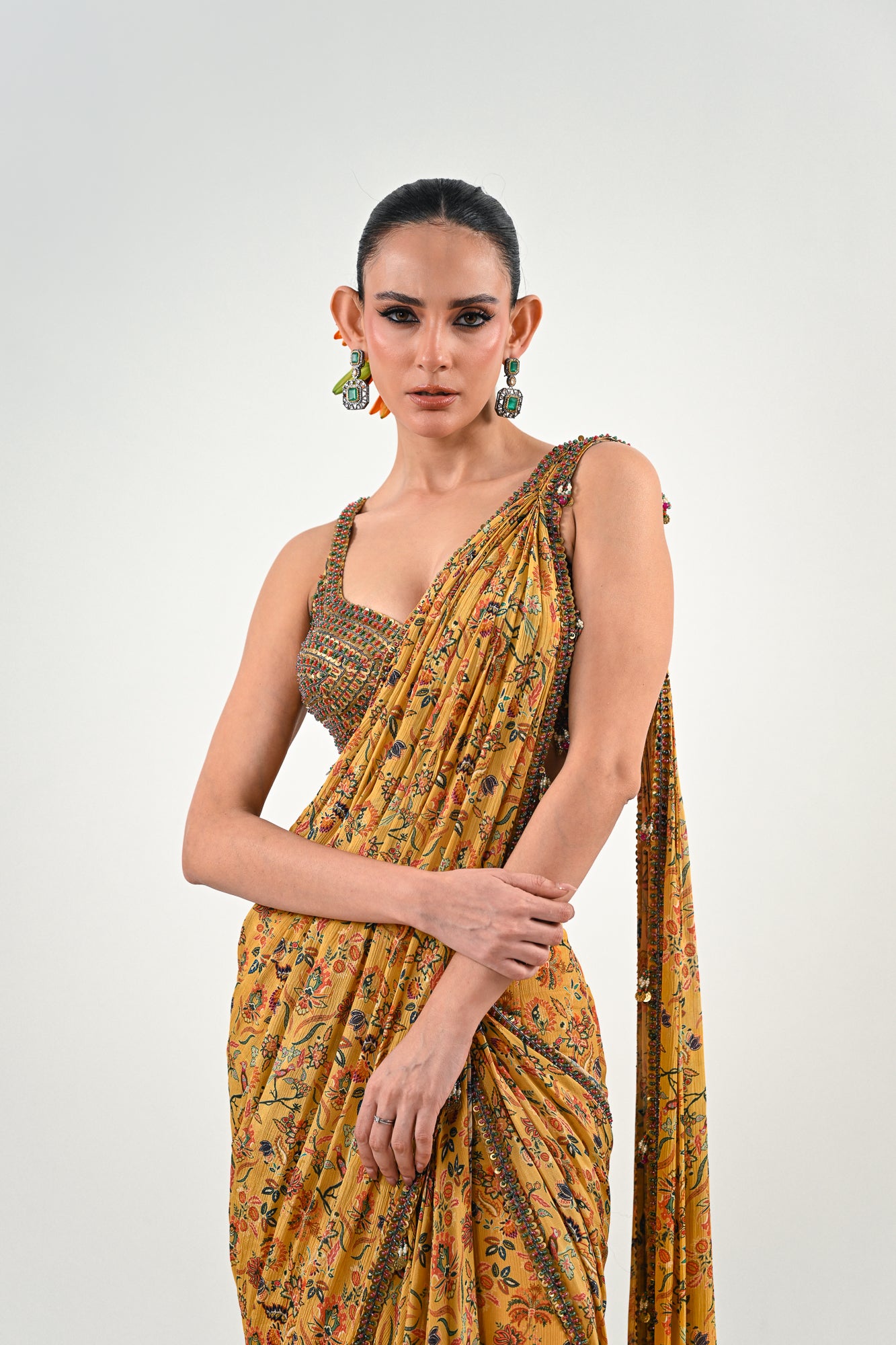 M PRE STITCHED SAREE PAIRED WITH EMBROIDERED BLOUSE