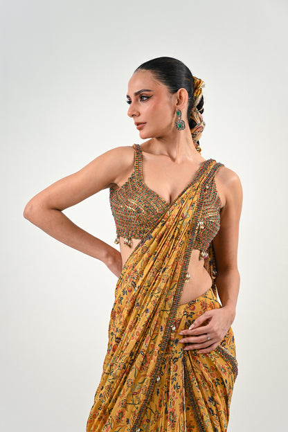 M PRE STITCHED SAREE PAIRED WITH EMBROIDERED BLOUSE
