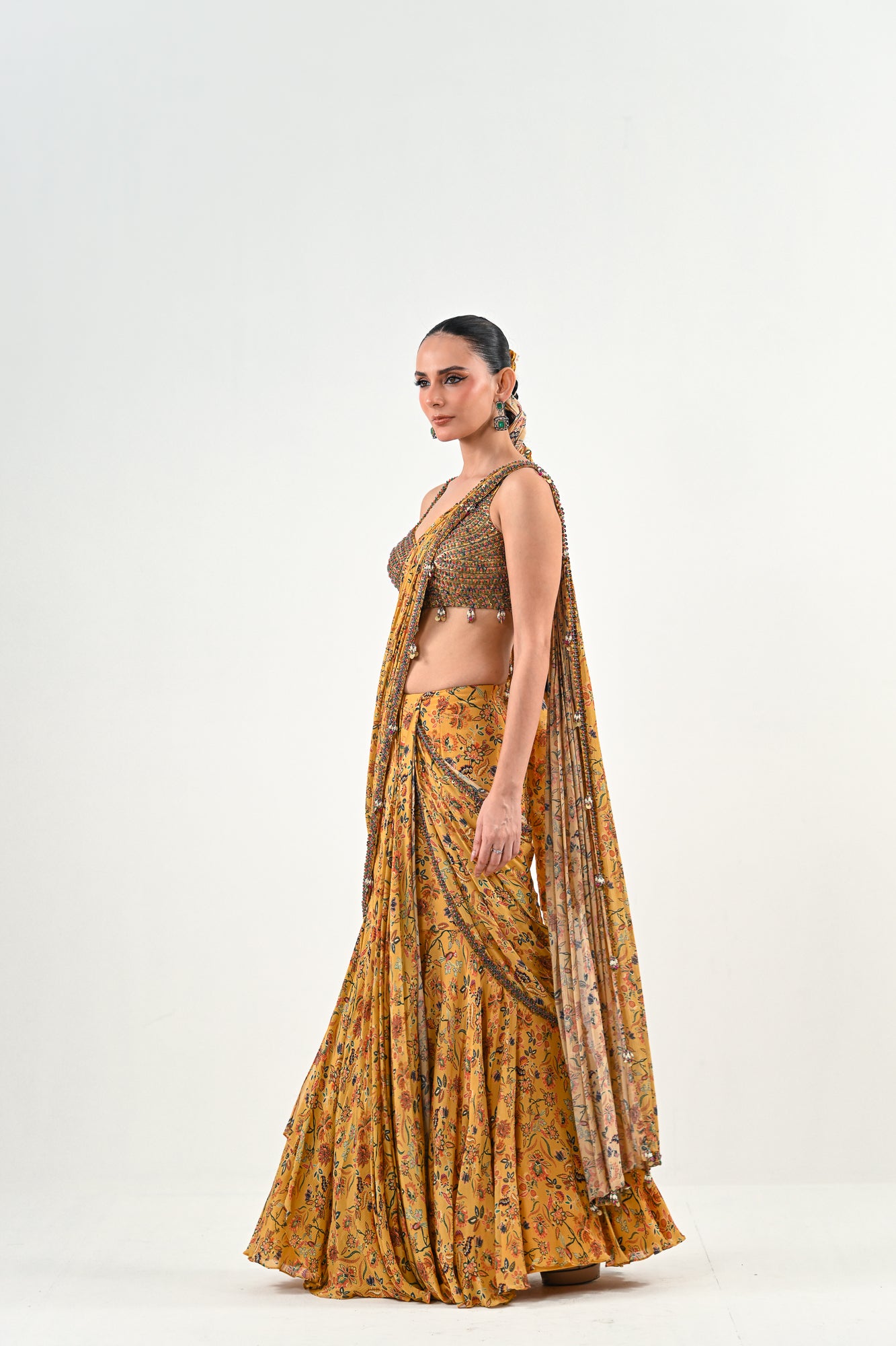 M PRE STITCHED SAREE PAIRED WITH EMBROIDERED BLOUSE