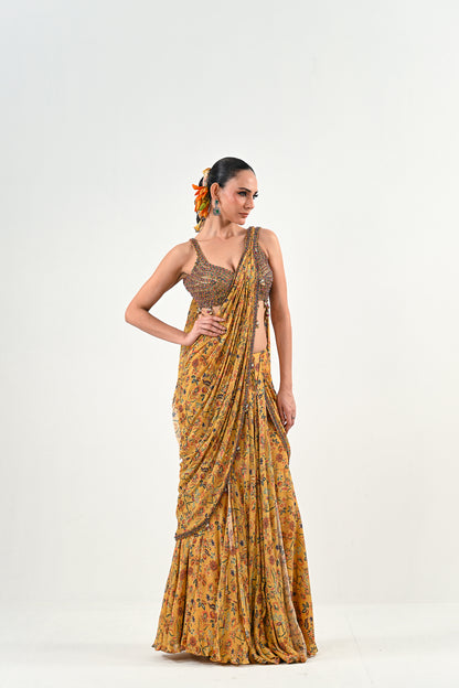 M PRE STITCHED SAREE PAIRED WITH EMBROIDERED BLOUSE