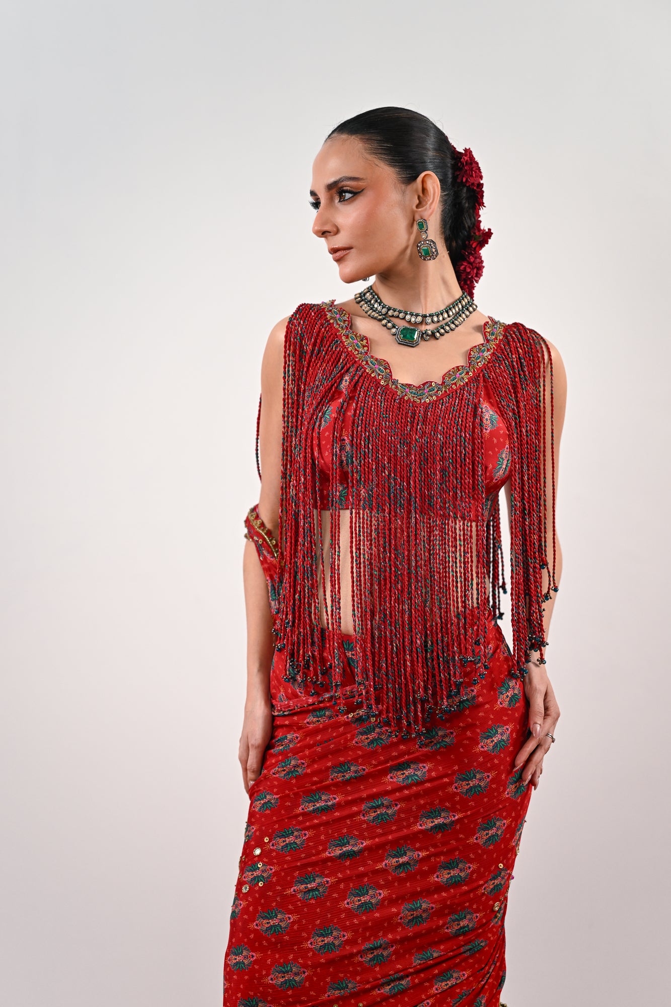 S PRE STITCHED SAREE PAIRED WITH TASSLE BLOUSE