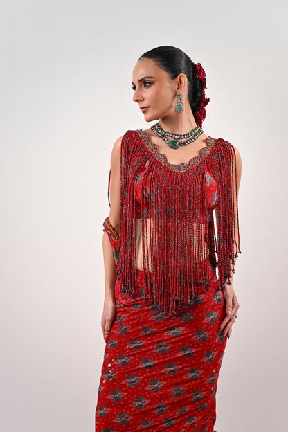 S PRE STITCHED SAREE PAIRED WITH TASSLE BLOUSE