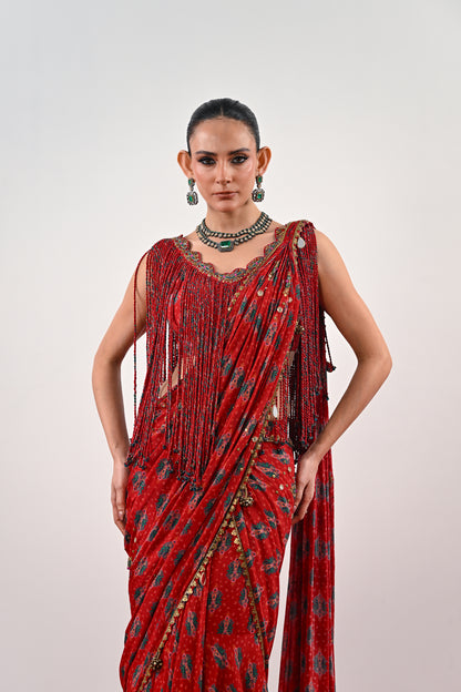 S PRE STITCHED SAREE PAIRED WITH TASSLE BLOUSE