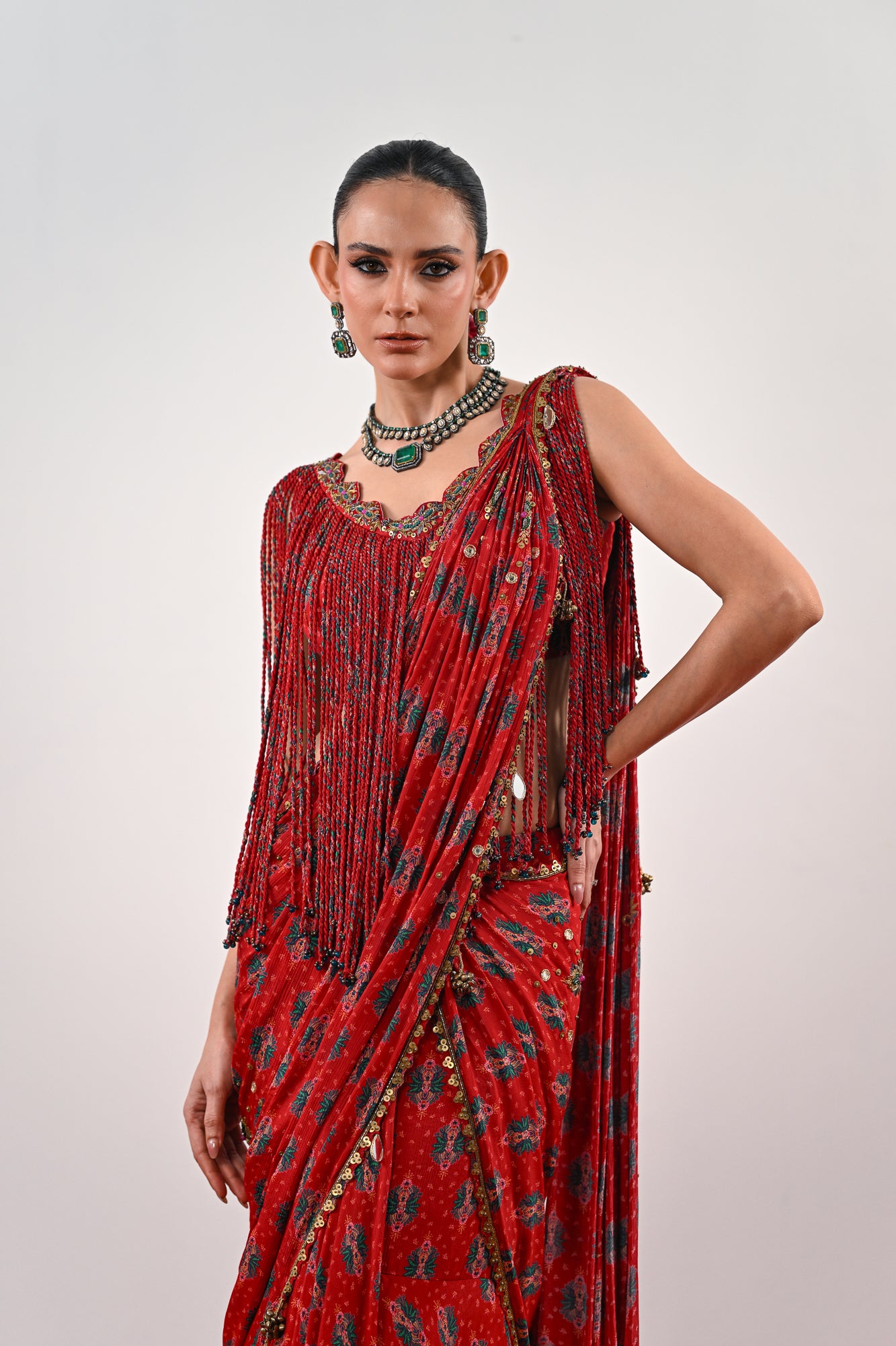 S PRE STITCHED SAREE PAIRED WITH TASSLE BLOUSE