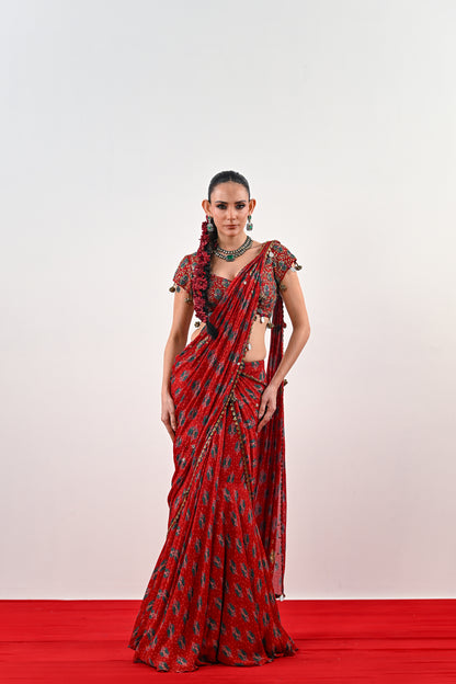 S PRE STITCHED SAREE PAIRED WITH EMBROIDERED BLOUSE