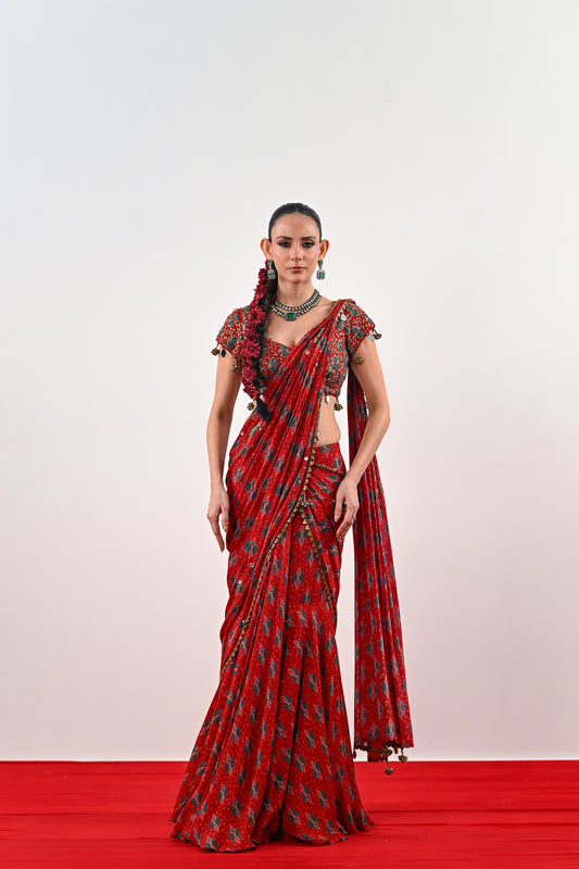 S PRE STITCHED SAREE PAIRED WITH EMBROIDERED BLOUSE