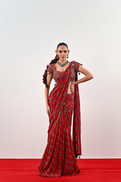 S PRE STITCHED SAREE PAIRED WITH EMBROIDERED BLOUSE