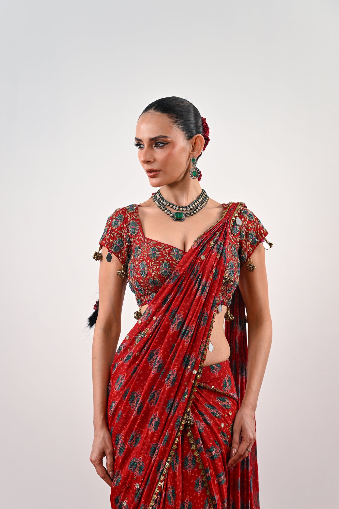 S PRE STITCHED SAREE PAIRED WITH EMBROIDERED BLOUSE