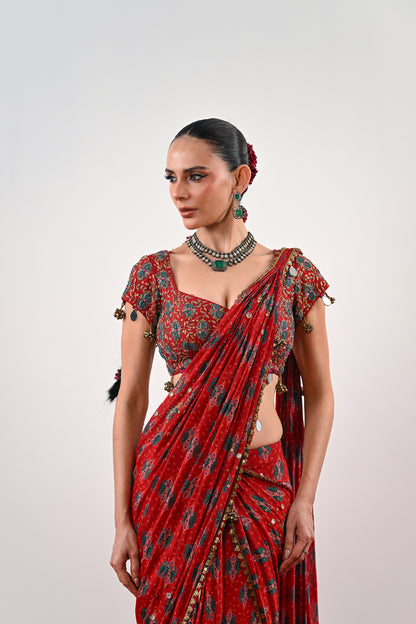 S PRE STITCHED SAREE PAIRED WITH EMBROIDERED BLOUSE