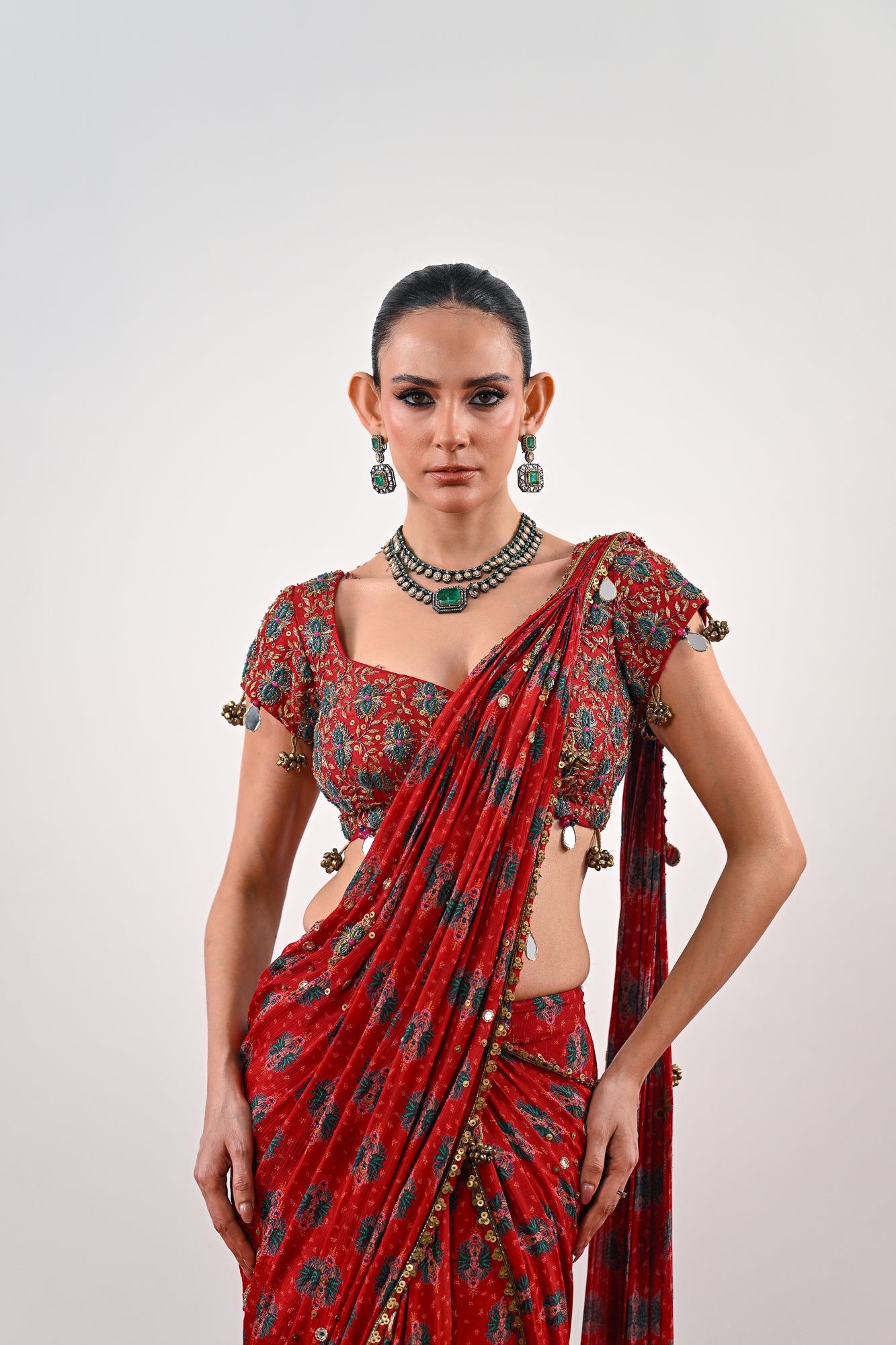 S PRE STITCHED SAREE PAIRED WITH EMBROIDERED BLOUSE