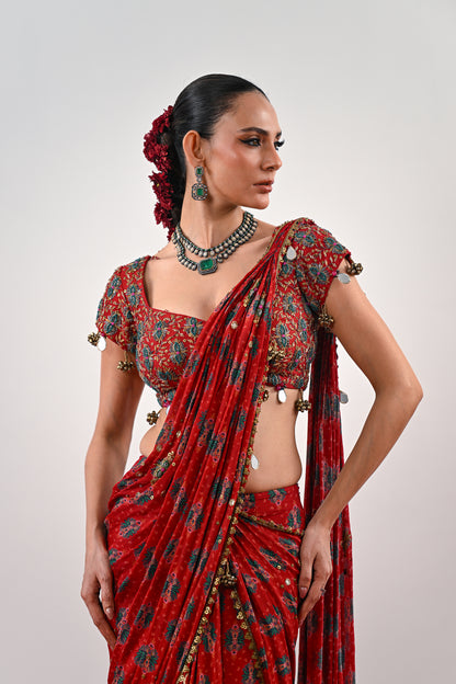 S PRE STITCHED SAREE PAIRED WITH EMBROIDERED BLOUSE