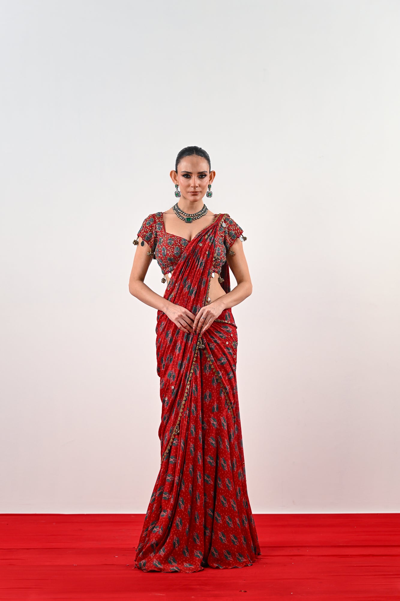 S PRE STITCHED SAREE PAIRED WITH EMBROIDERED BLOUSE