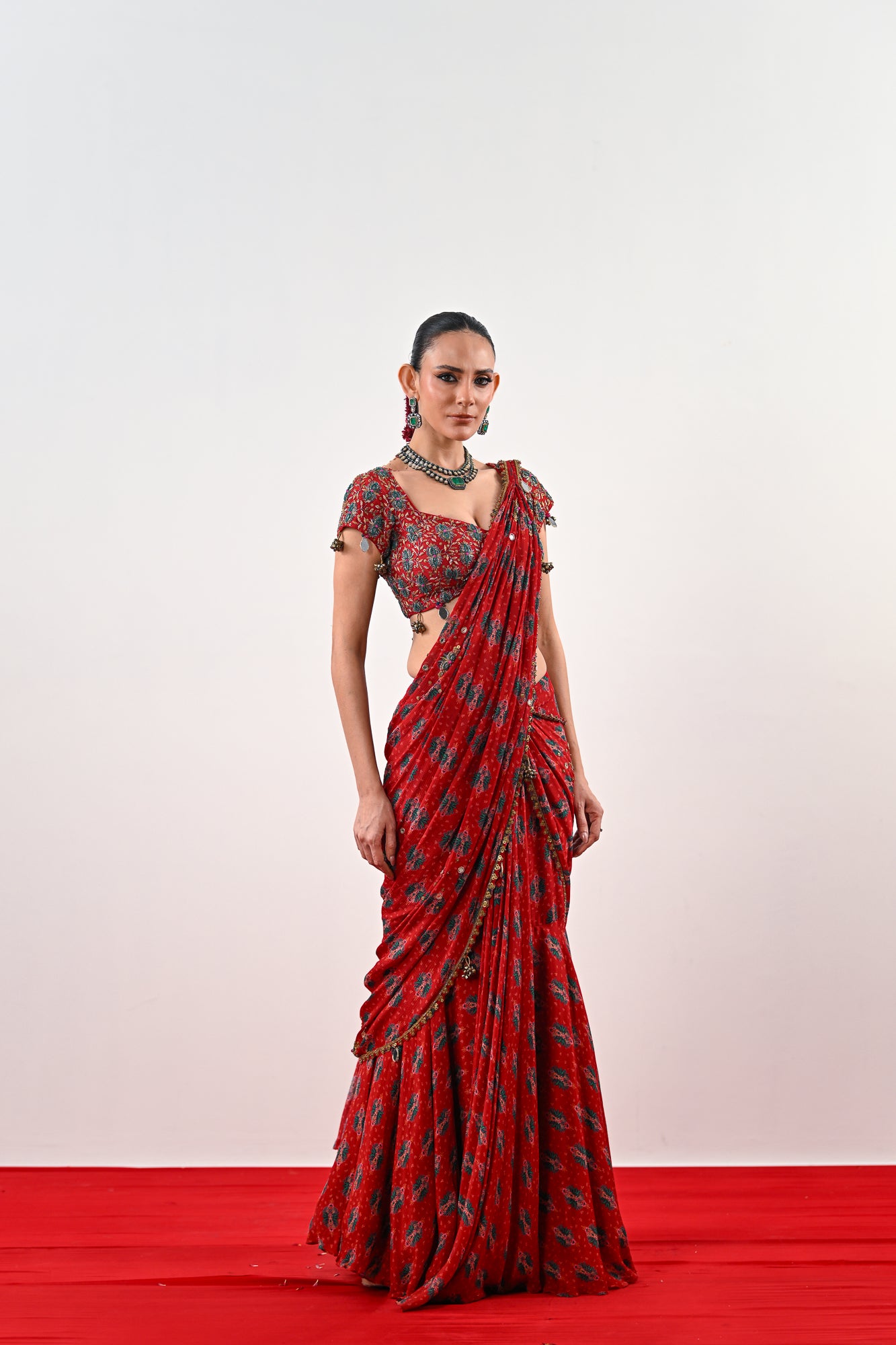 S PRE STITCHED SAREE PAIRED WITH EMBROIDERED BLOUSE