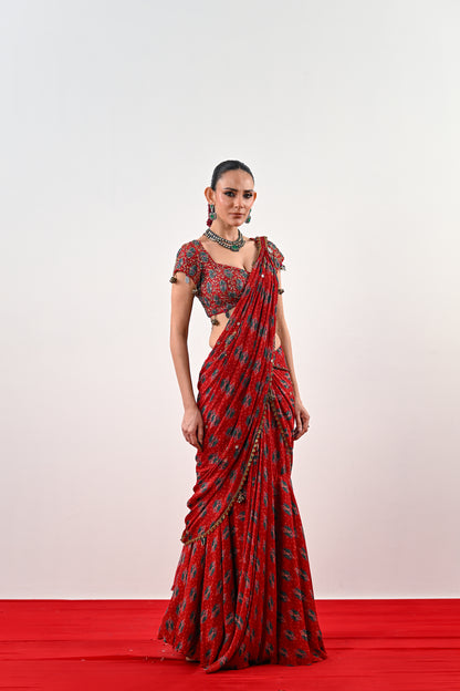 S PRE STITCHED SAREE PAIRED WITH EMBROIDERED BLOUSE