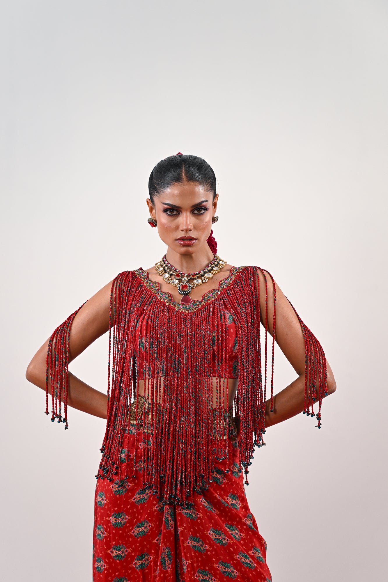 S TASSLE TOP PAIRED WITH PRINTED DHOTI SET