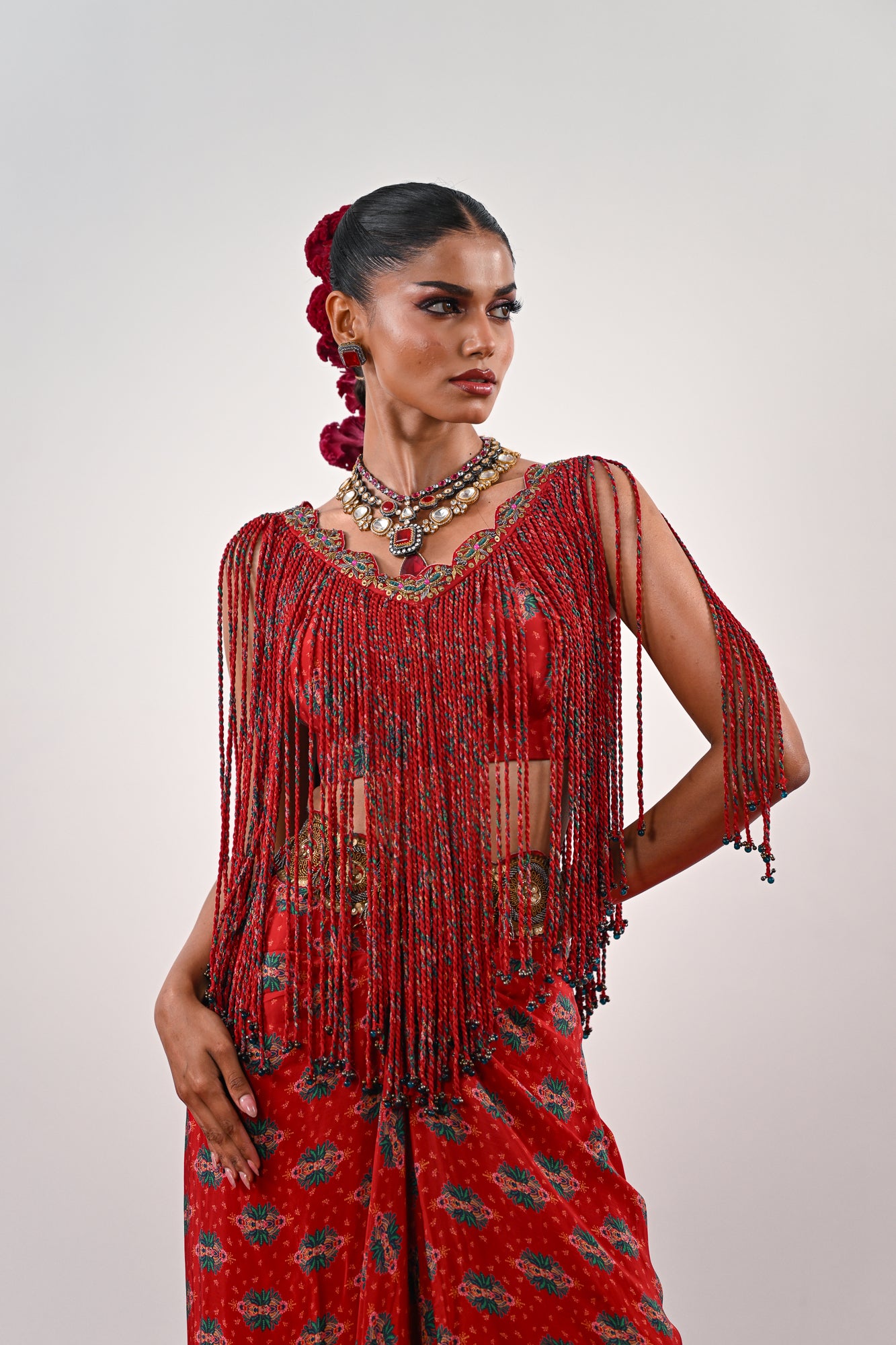 S TASSLE TOP PAIRED WITH PRINTED DHOTI SET