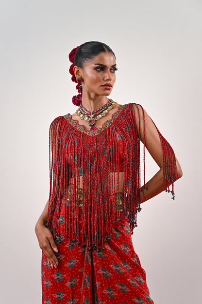 S TASSLE TOP PAIRED WITH PRINTED DHOTI SET