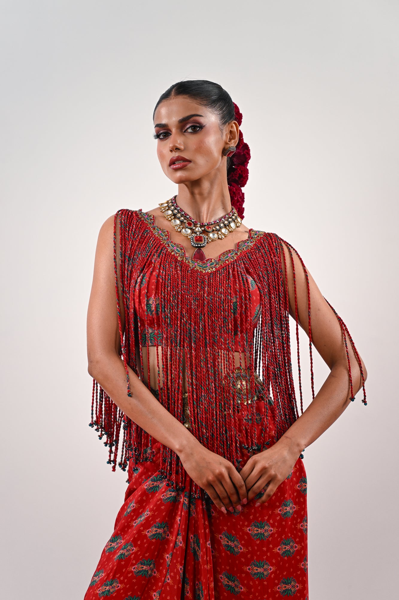 S TASSLE TOP PAIRED WITH PRINTED DHOTI SET