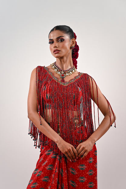 S TASSLE TOP PAIRED WITH PRINTED DHOTI SET