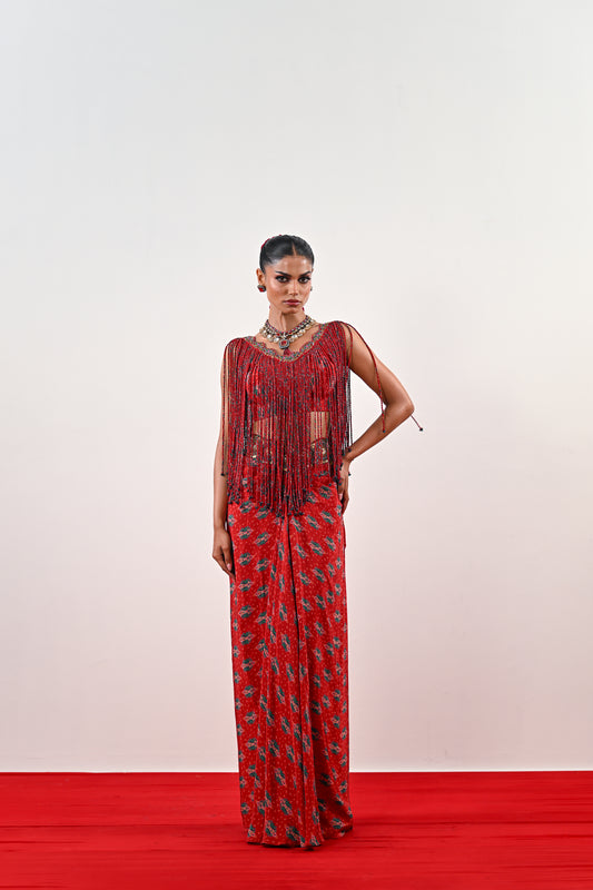 S TASSLE TOP PAIRED WITH PRINTED DHOTI SET