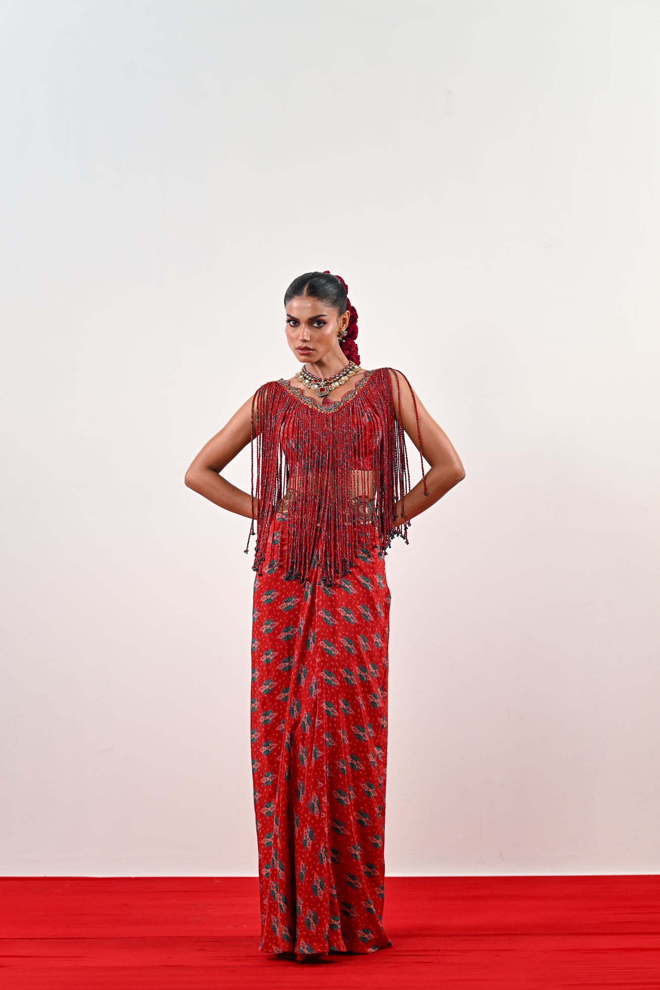 S TASSLE TOP PAIRED WITH PRINTED DHOTI SET