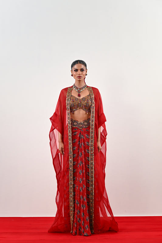 S DHOTI SET WITH EMBROIDERED BLOUSE AND ORGANZA JACKET