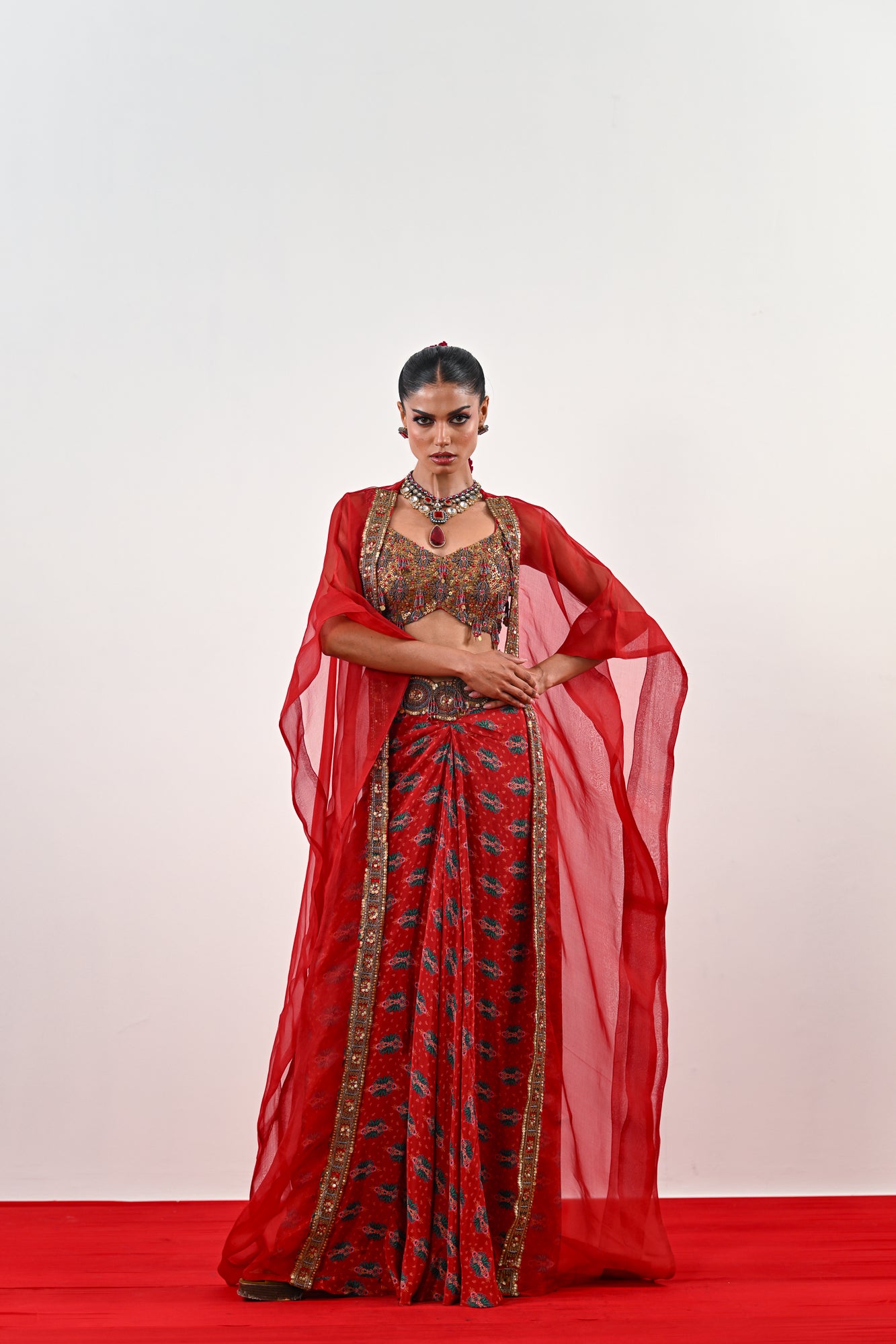 S DHOTI SET WITH EMBROIDERED BLOUSE AND ORGANZA JACKET