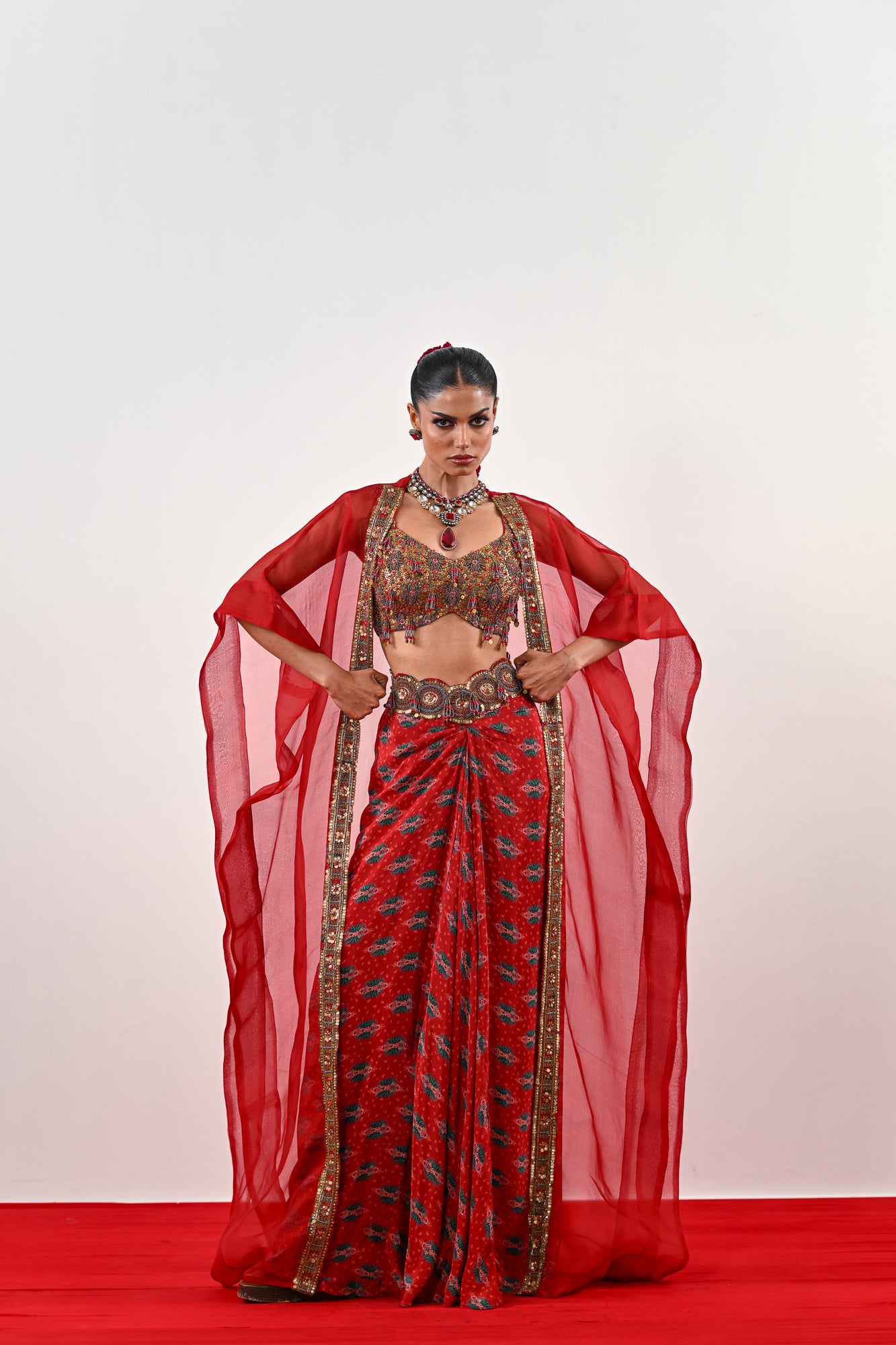 S DHOTI SET WITH EMBROIDERED BLOUSE AND ORGANZA JACKET