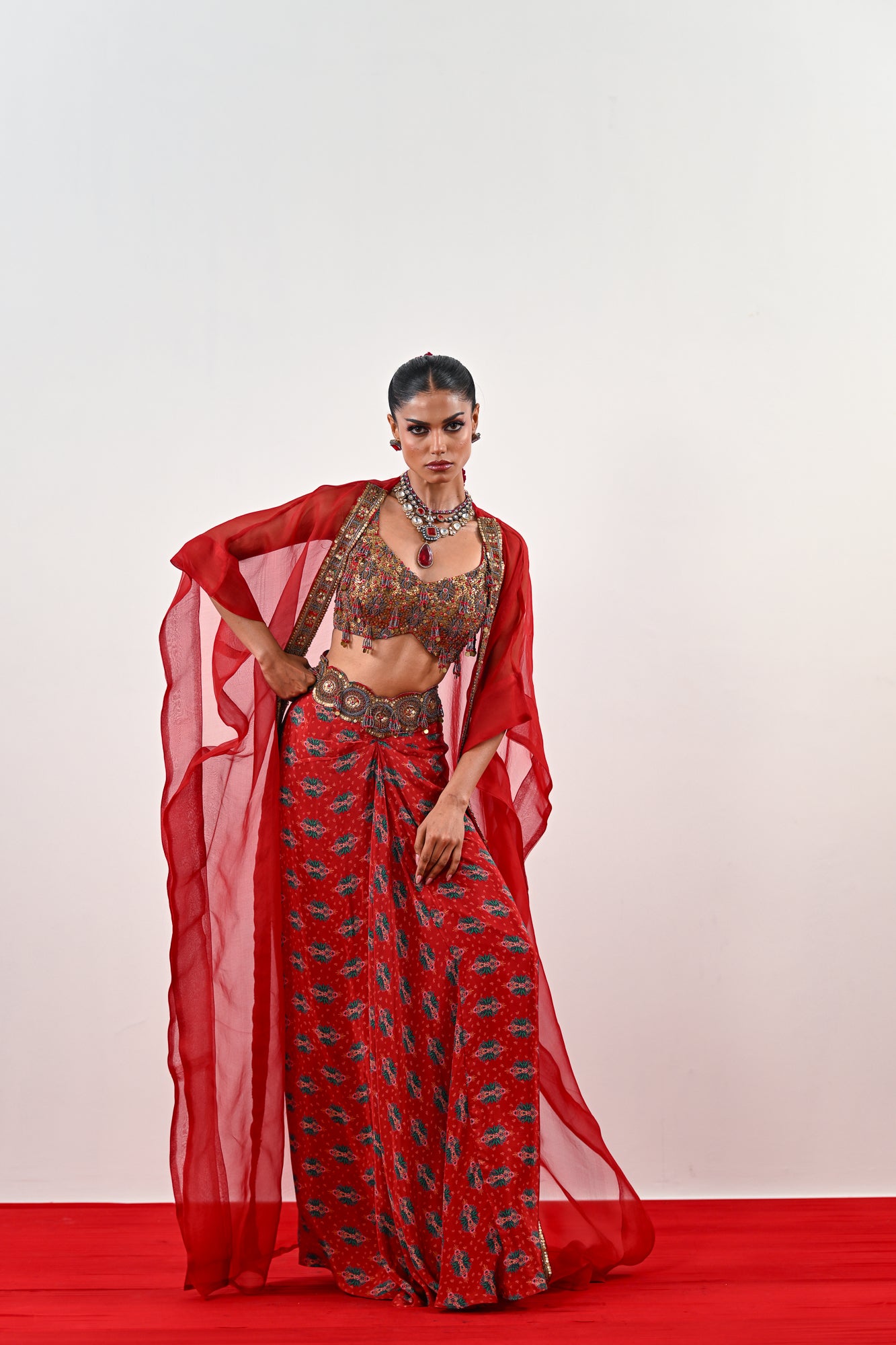 S DHOTI SET WITH EMBROIDERED BLOUSE AND ORGANZA JACKET