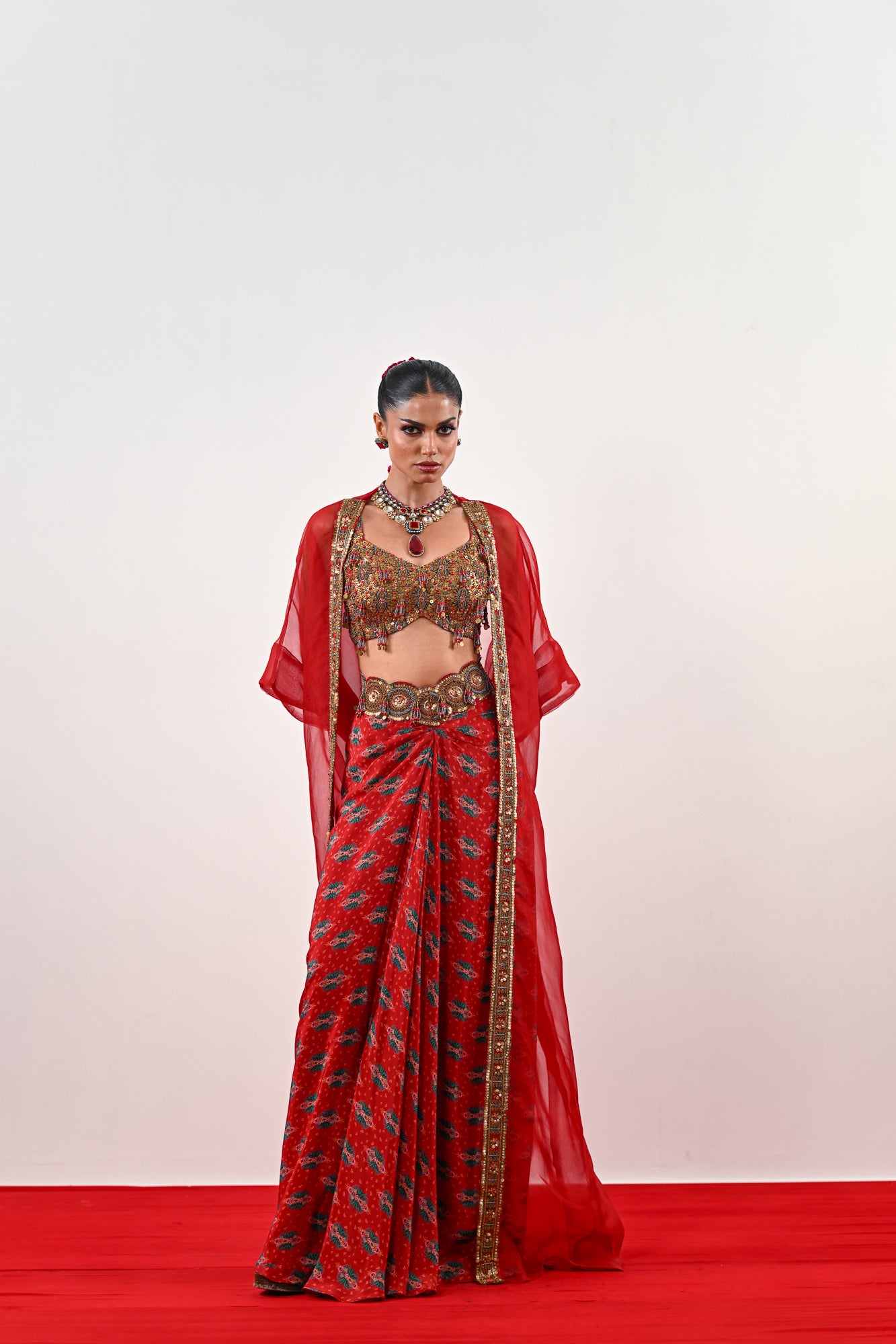 S DHOTI SET WITH EMBROIDERED BLOUSE AND ORGANZA JACKET