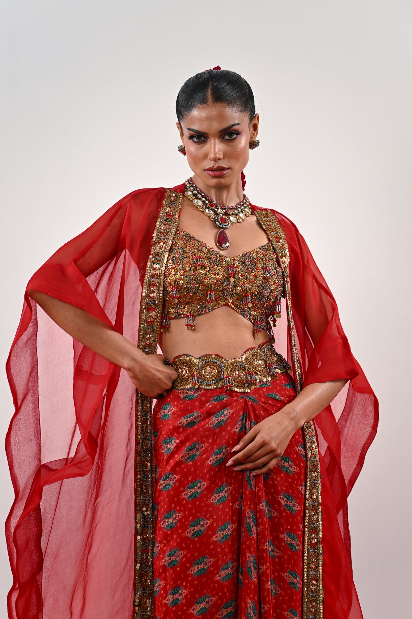 S DHOTI SET WITH EMBROIDERED BLOUSE AND ORGANZA JACKET