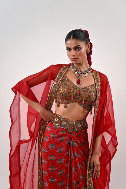 S DHOTI SET WITH EMBROIDERED BLOUSE AND ORGANZA JACKET