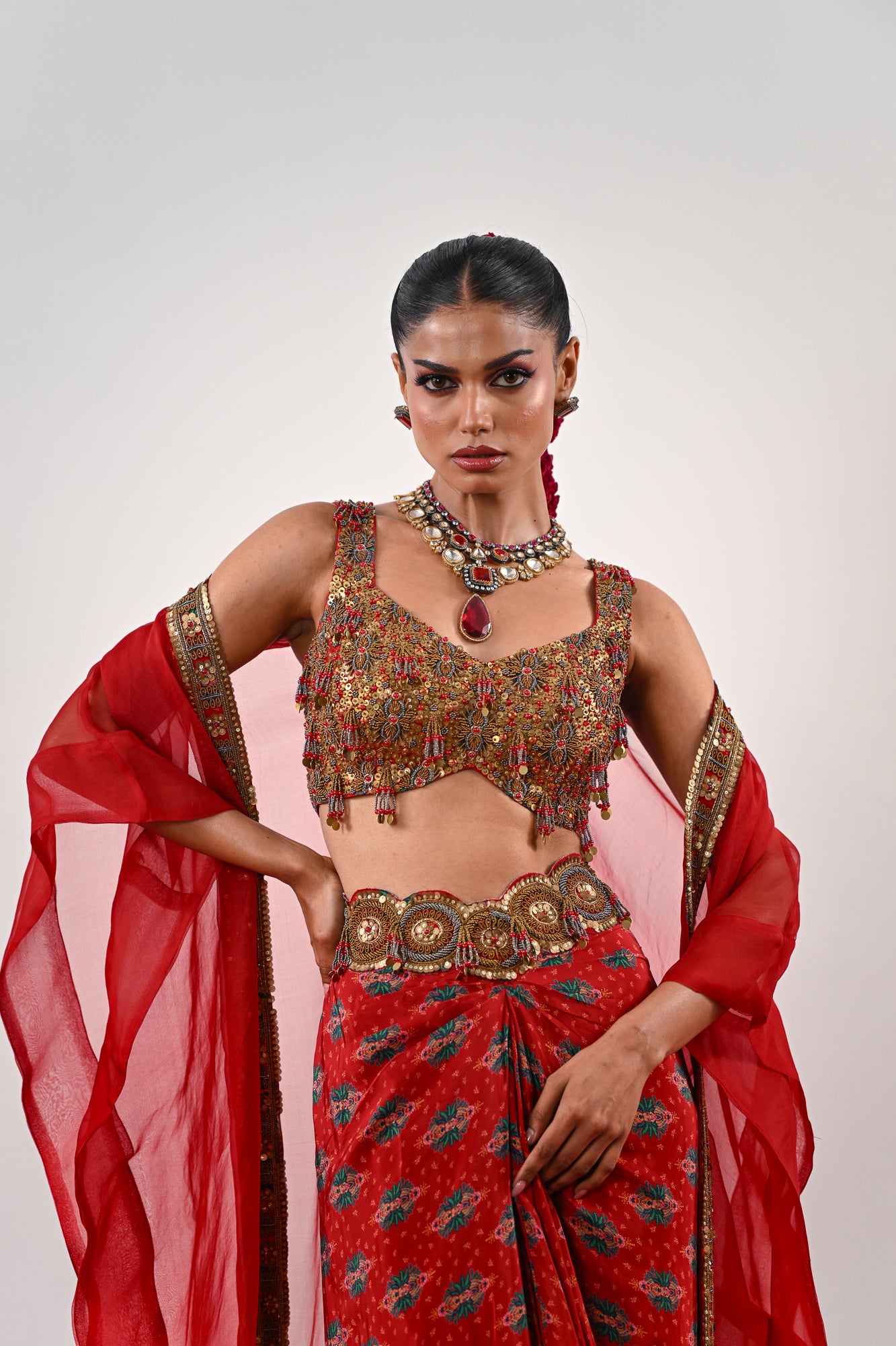 S DHOTI SET WITH EMBROIDERED BLOUSE AND ORGANZA JACKET