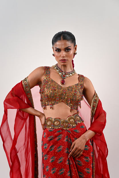 S DHOTI SET WITH EMBROIDERED BLOUSE AND ORGANZA JACKET