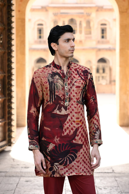 ORGNAZA KURTA WITH WORK ON PURTIN & CUFF WITH MAROON FLAIR PANT
