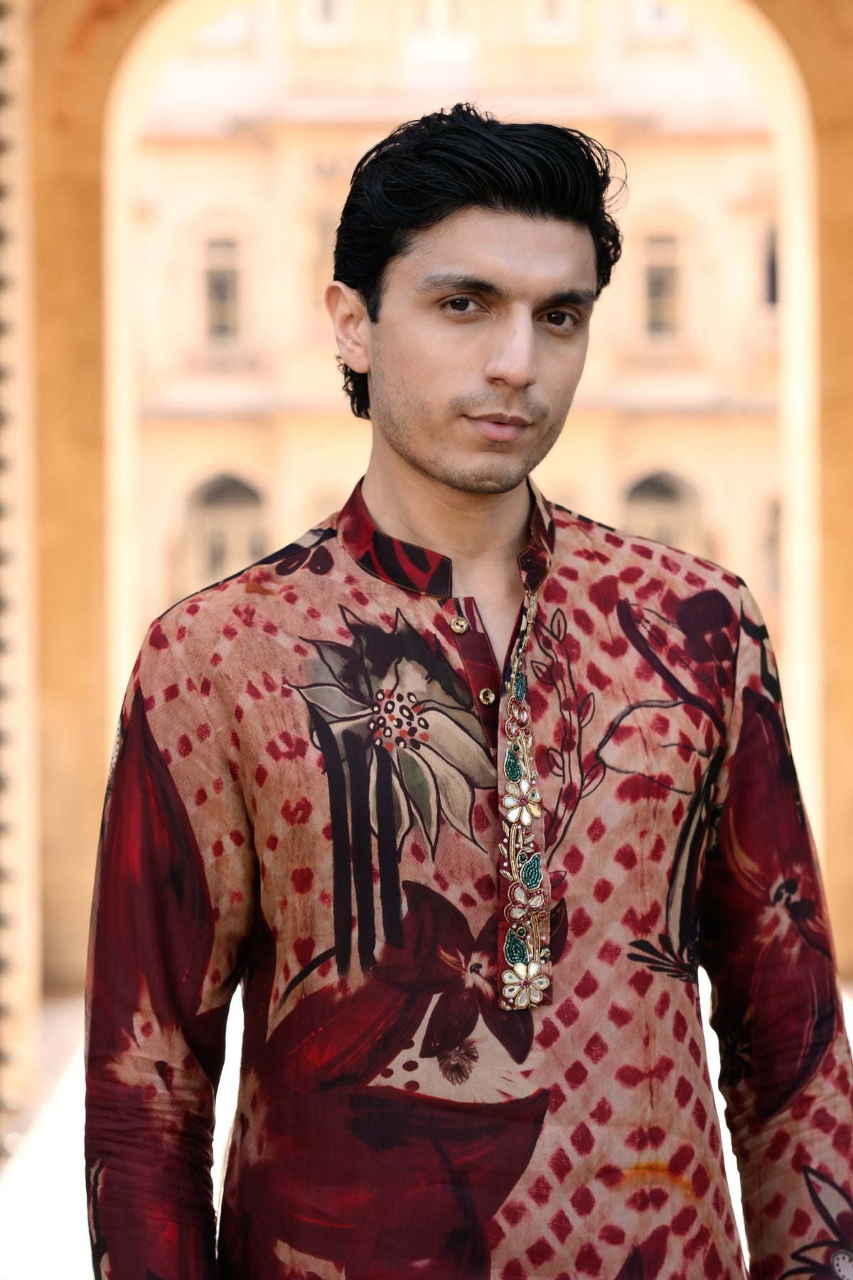 ORGNAZA KURTA WITH WORK ON PURTIN & CUFF WITH MAROON FLAIR PANT