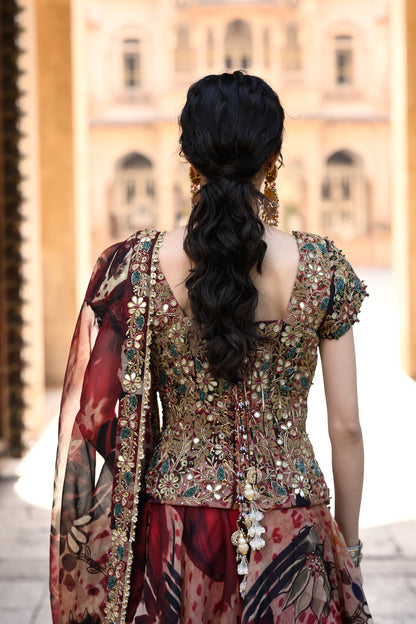 PRINTED ORGANZA LEHENGA + EMB CORSET WITH DUPATTA