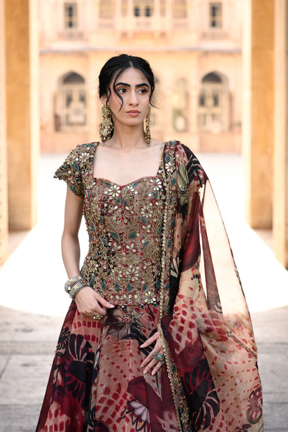 PRINTED ORGANZA LEHENGA + EMB CORSET WITH DUPATTA