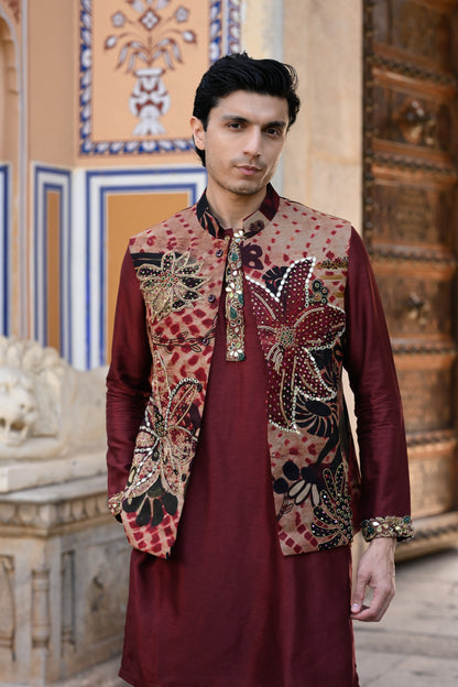 ORGANZA HIGHLIGHTED BUNDI WITH PLAIN MAROON KURTA WITH PURTIN & CUFF EMB BORDER AND FLAIR MAROON PANT